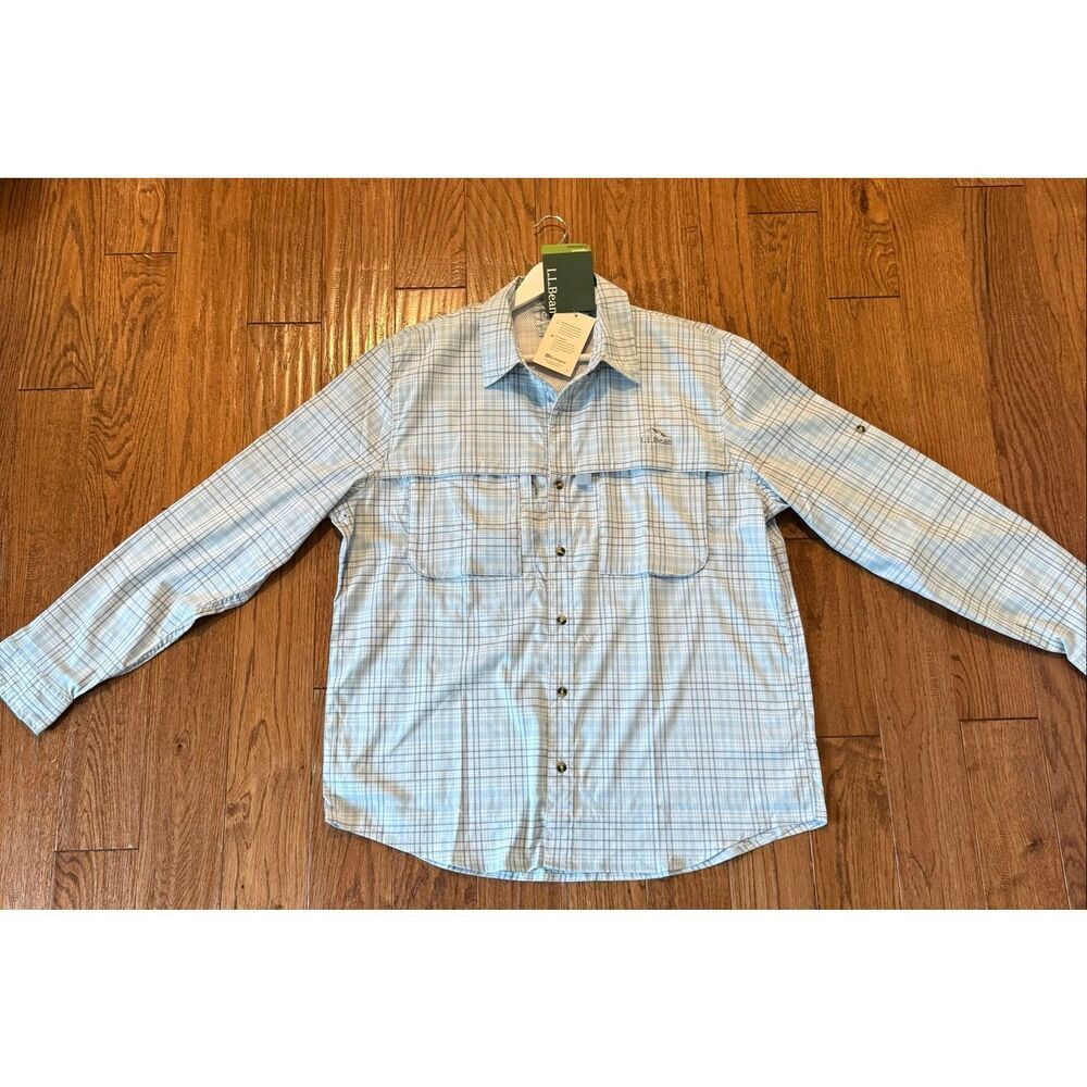 L.L. Bean NWT tropicwear blue plaid button down UPF 50 size large - Picture 9 of 11